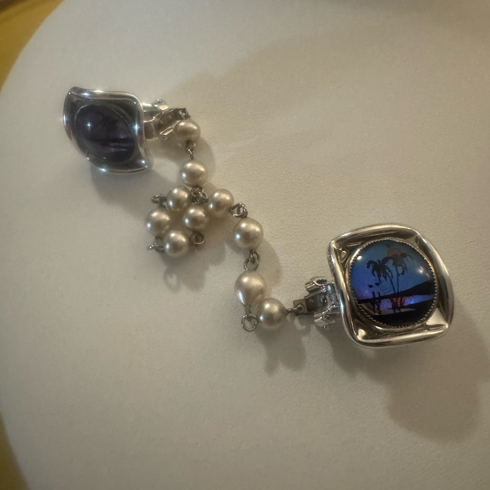 Faux Pearl Silver-Tone Cardigan Clips with Blue Tropical Scene Cabochons